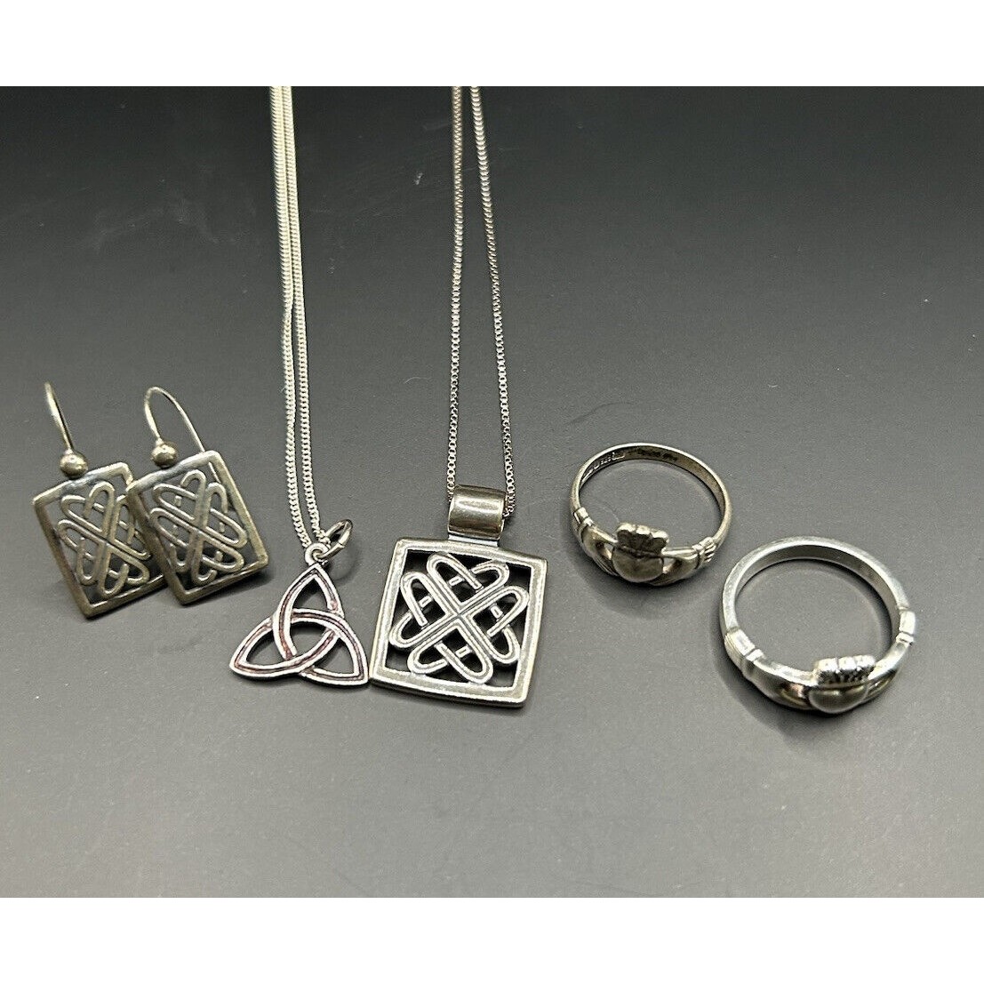 Sterling Silver Irish Celtic Lot~ 2 Necklaces, Earrings & 2 Claddaugh Rings 17g